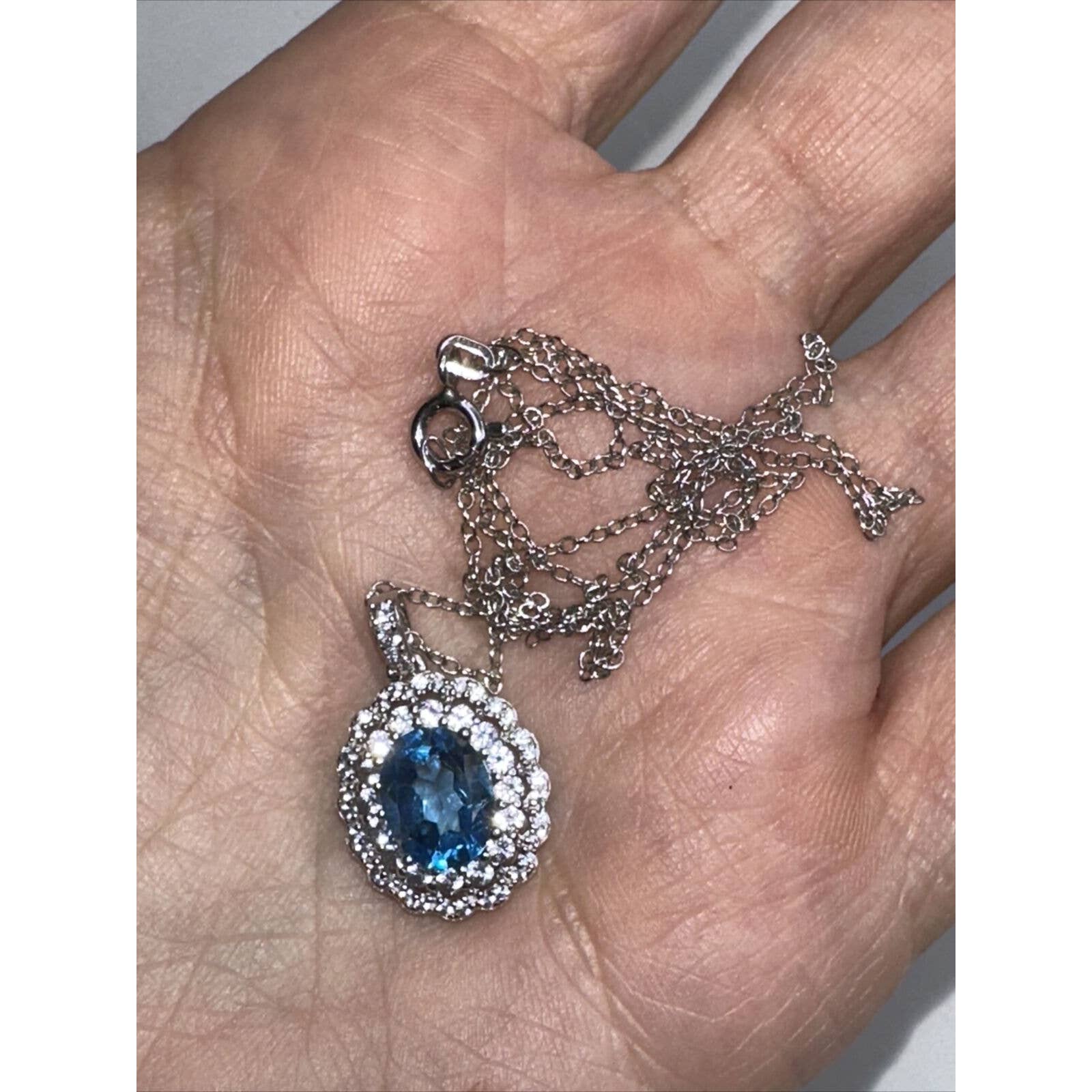 Paj Sterling Silver Light Blue Sapphire Diamond Halo Oval Pendant Charm Necklace